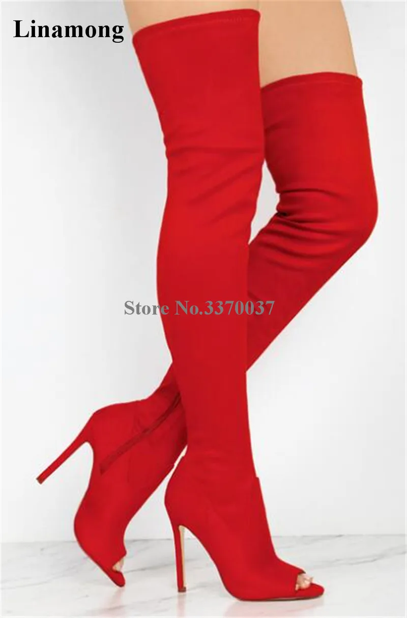 New Fashion Women Open Toe Red Black Suede Leather Over Knee Gladiator