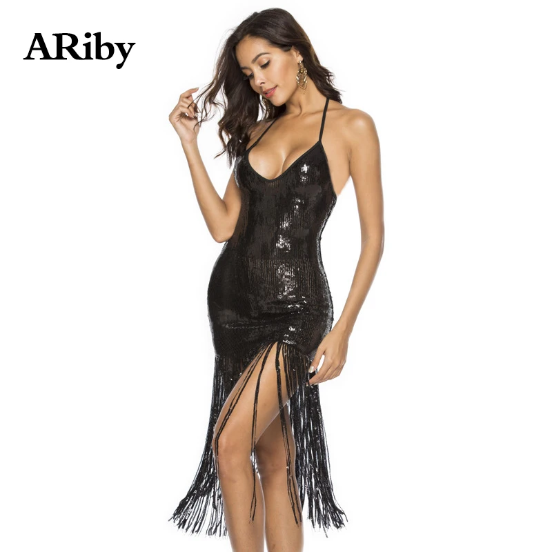 Dress Women Sexy Bodycon Party Dress Summer Black Plus Size Sexy & Club Solid Tassel Backless Sleeveless Sequined Empire Dress Dress Women Sexy Bodycon Party Dress Summer Black Plus Size Sexy & Club Solid Tassel Backless Sleeveless Sequined Empire Dress