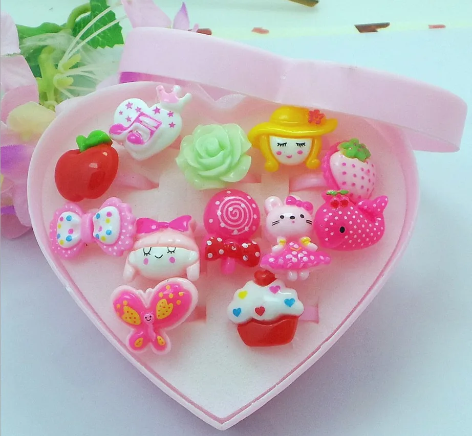 

12Pcs/Box/Lot Heart Assorted Cartoon Rings toys With Display Box Lovely Kids Girls gifts