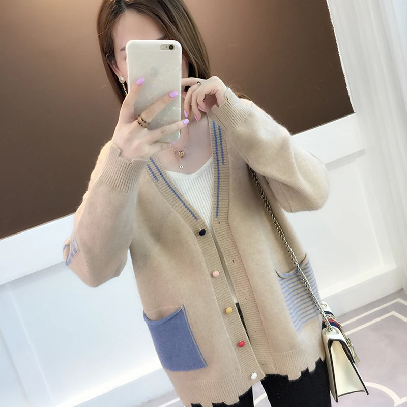 Best  2019 autumn new Korean short paragraph Jacket Female Loose Knitwear Cardigan Coat Long sleeved Fash