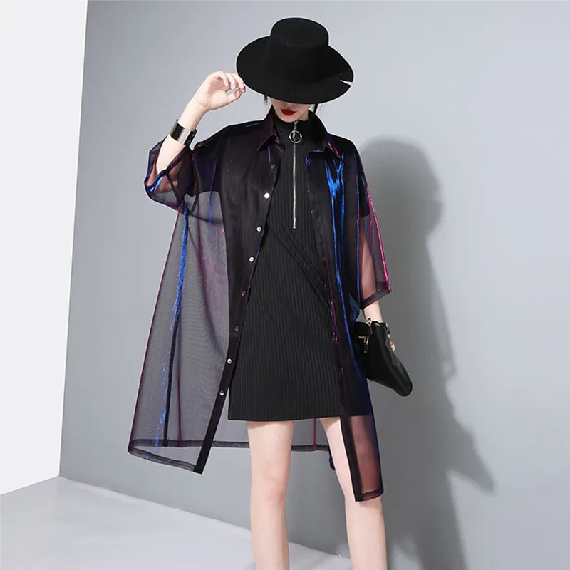 

Transparent Mesh Laser Blouse Colorful Three Quarter Sleeve Women Long Blouses Spring Summer Casual Loose Blouses Shirts