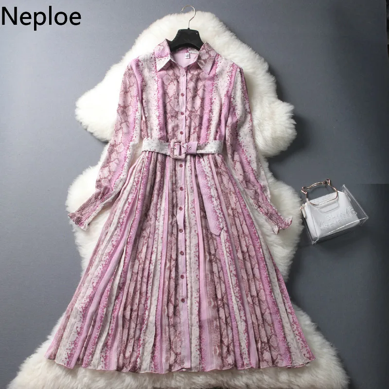 

Neploe Women Snake Skin Print Maxi Dresses Long Chiffon Patry Dress Elegant Pink Shirt Dress Sashes Long Sleeve Casual Vestidos