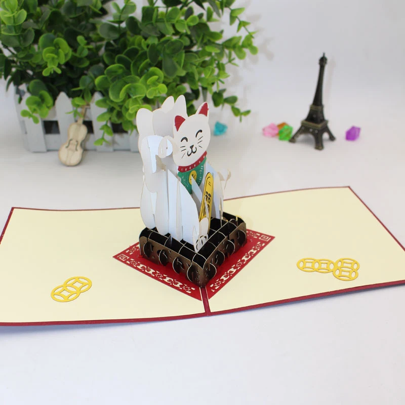  3D laser card Handmade Carving Blessed Lucky Lovely Japanese Fortune Cat Paper Invitation Greeting  - 32856986282