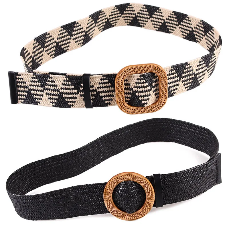 

New Vintage Knitted Wax Rope Wooden Bead Waist Rope Women Smooth Buckle Belt Woman Woven Female Elastic Braided Belt BZ48