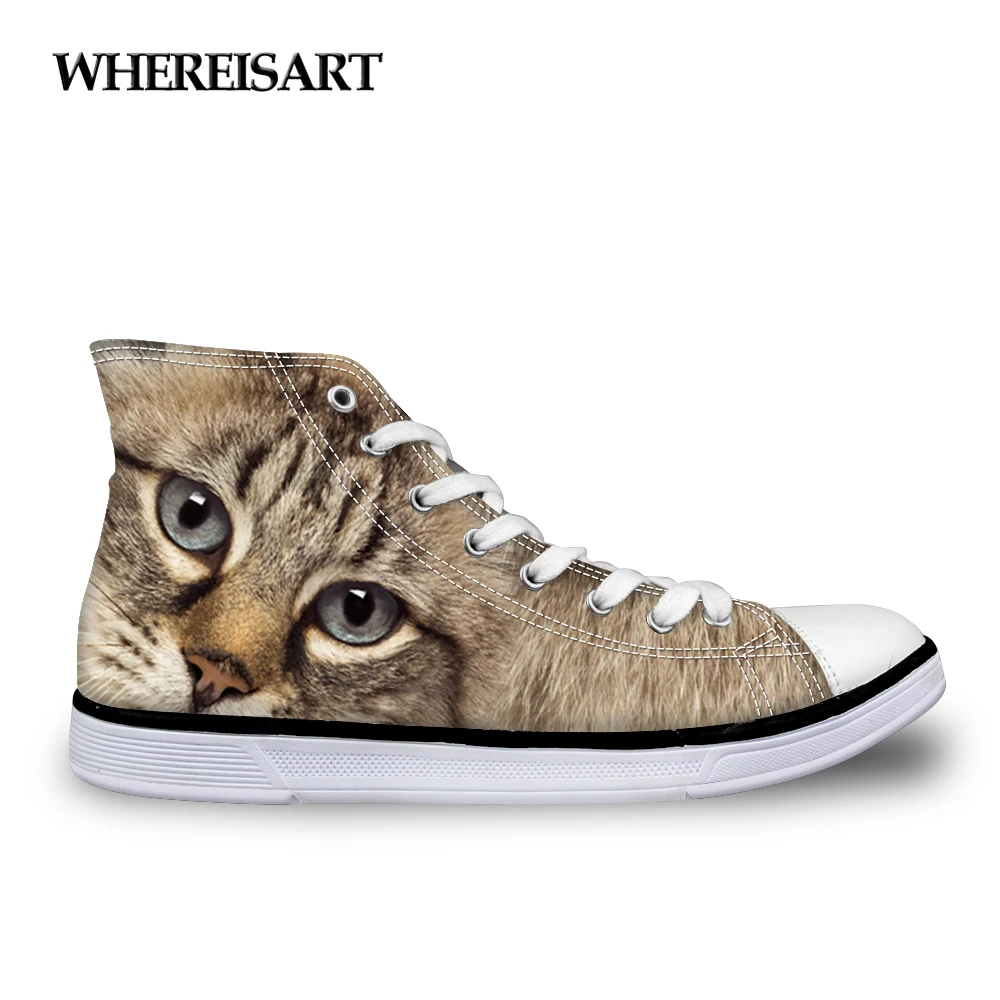 

WHEREISART Women Canvas Shoes 3D Animals Cat Owl Dog Print Girl Students Leisure Shoes Flats High Top Vulcanized Shoes