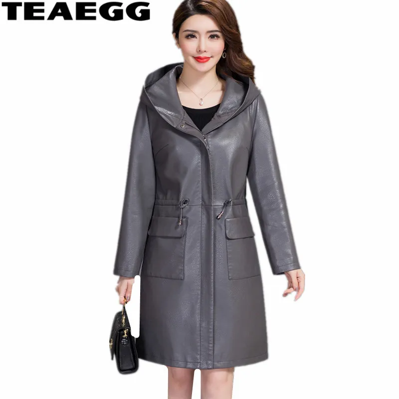 

TEAEGG Hooded Long Coat Women Faux Leather Coats Moda Mujer 2020 Autumn Women Fashion Gray PU Ladies Leather Jackets 6XL AL1379