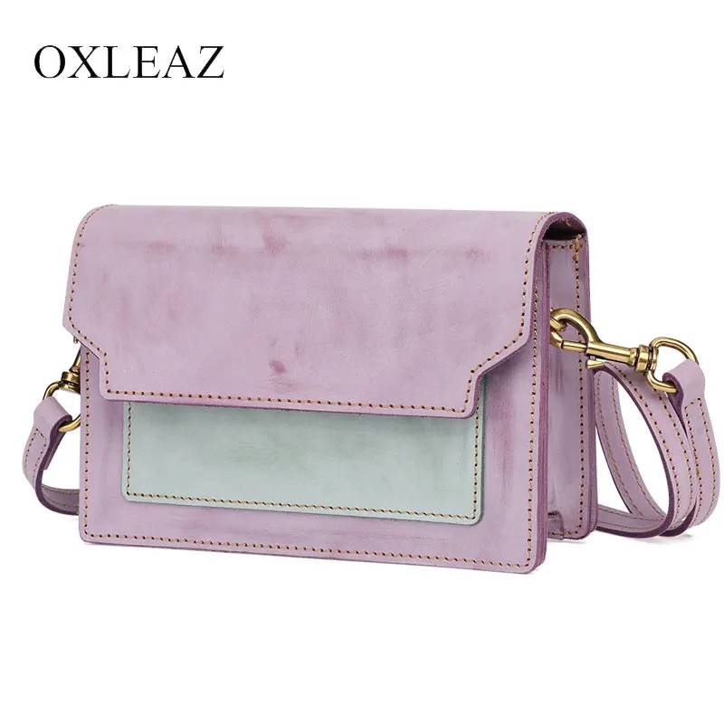 

OXLEAZ Cute Panelled Genuine Leather Ladies Mini Handbag Designer Bags Famous Brand Female Bags Small Sling Bags for Women