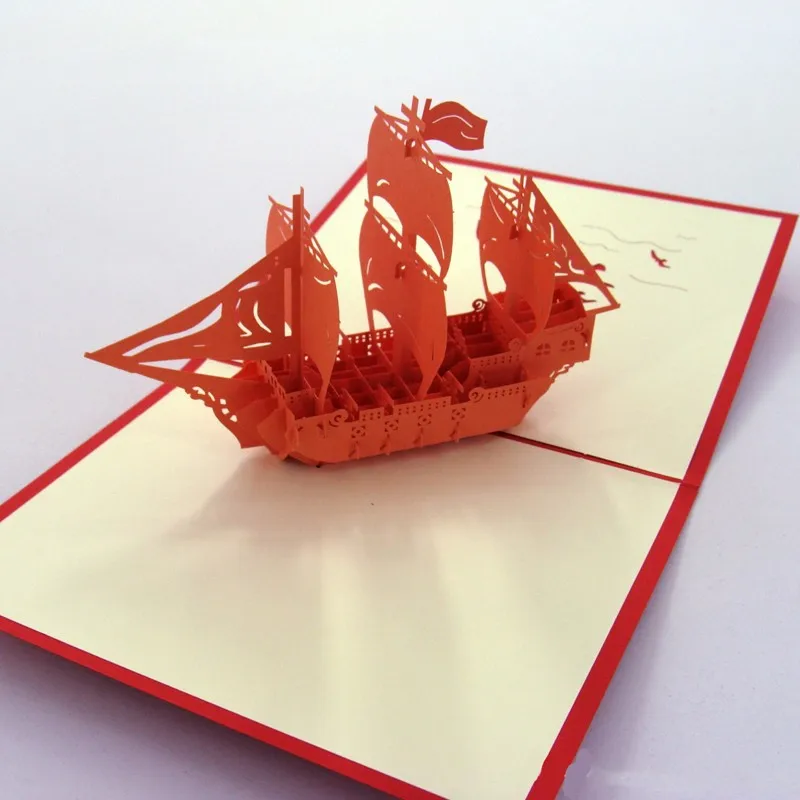 10 шт./лот) Киригами ручной работы и Оригами 3D всплывающие поздравительные открытки для подарка на день рождения бумага лазерная резка парусник визитные карточки