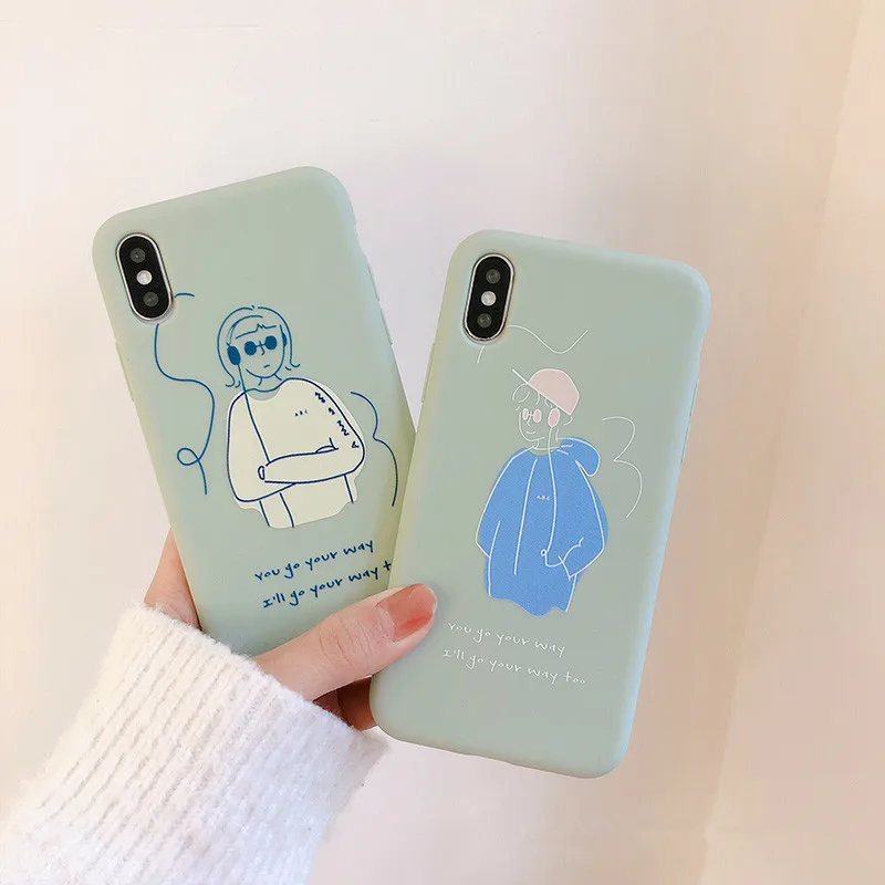 Cute Boy Girl Pattern Couple Phone Cases For iPhone 8 7 6 6s Plus Green Soft Silicone Case X XS MAX XR Back Cover |