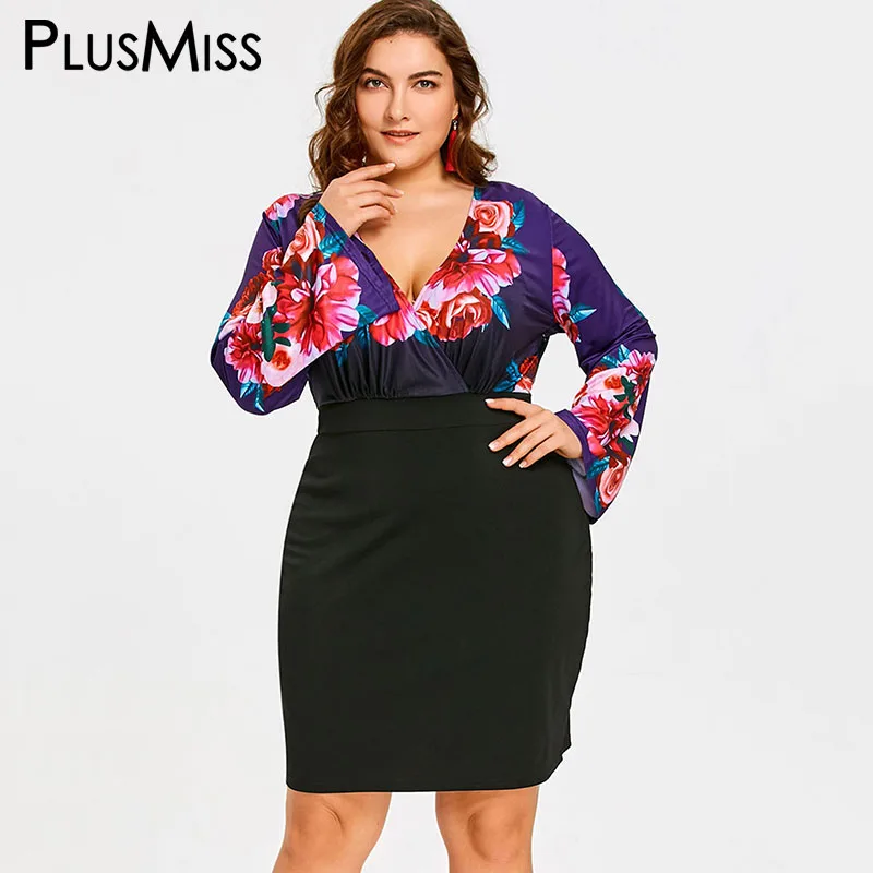

PlusMiss Plus Size 5XL Floral Flower Printed Sexy V Neck Bodycon Dress Women Bell Flare Sleeve Party Dresses Big Size XXXXL XXXL