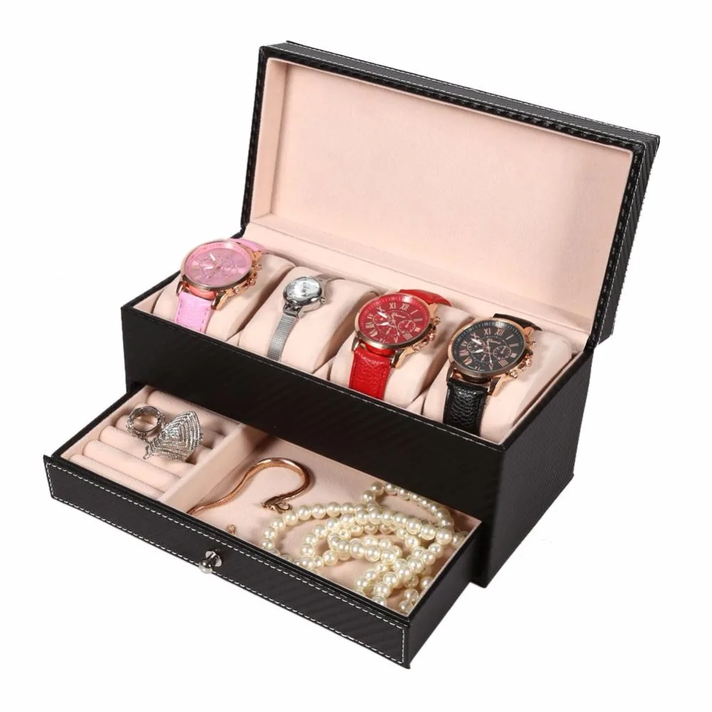 4 сетки CF прямоугольная кожаная коробка для часов коробка для ювелирных изделий с ящиком макияж Oganizer часы шкатулка для ювелирных изделий Коробка для хранения Свадебная подарочная коробка