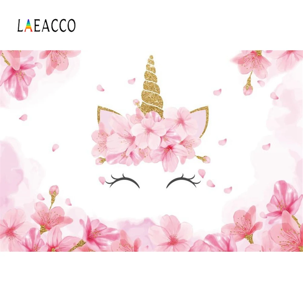 

Laeacco Unicorn Birthday Party Pink Flowers Watercolor Poster Portrait Photo Backgrounds Photocall Photo Backdrops Photo Studio