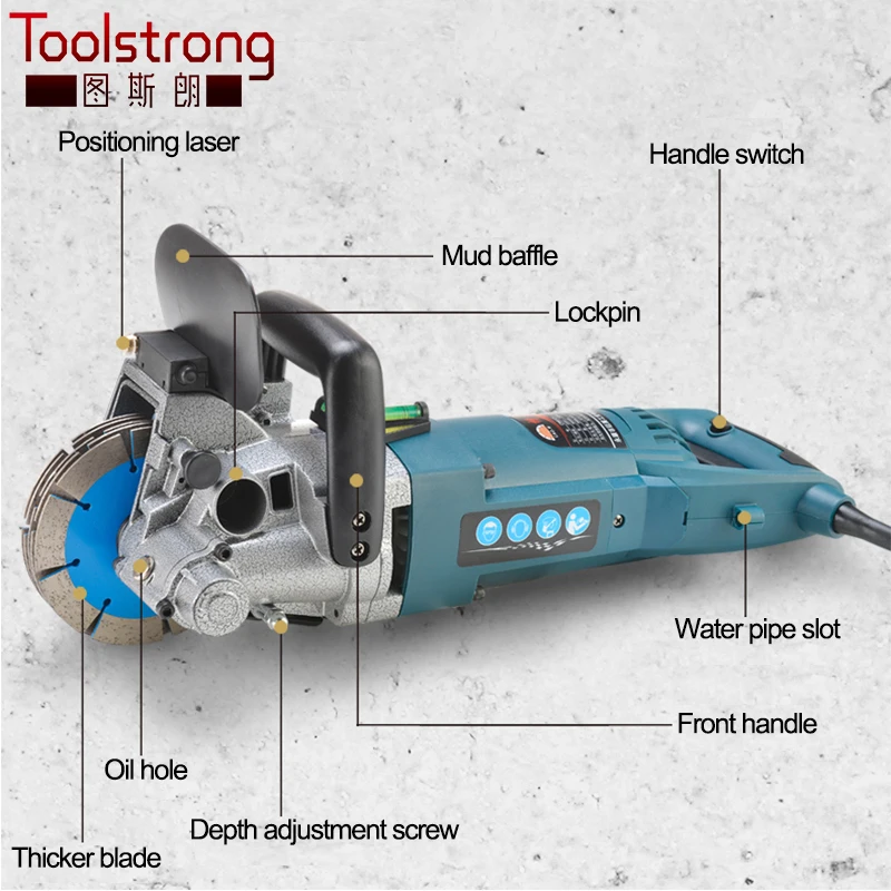 

Toolstrong 121mm 4800W output 3000W input Multifunction Wall Stone Road Groove Cutting Chasing Machine 5pcs blades CW01B