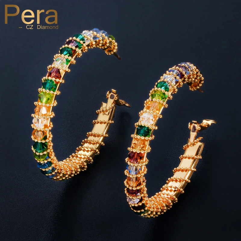 

Pera Luxury Brand Fashion Women Ear Handmade Jewelry Big Colorful Crystal Stone Yellow Gold Color Round Circle Hoop Earring E110