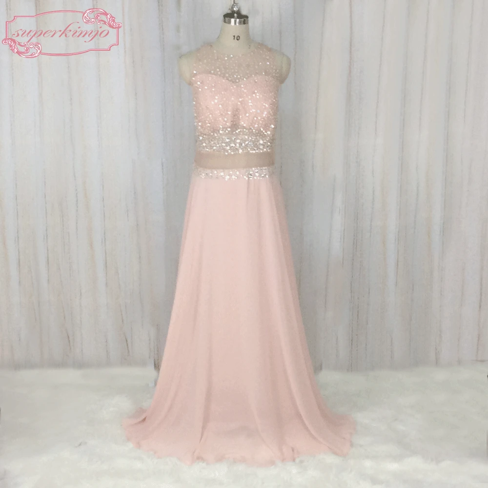 SuperKimJo Beaded Crystals Blush Pink Prom Dresses with Stones Cheap Long Evening Dresses Robe
