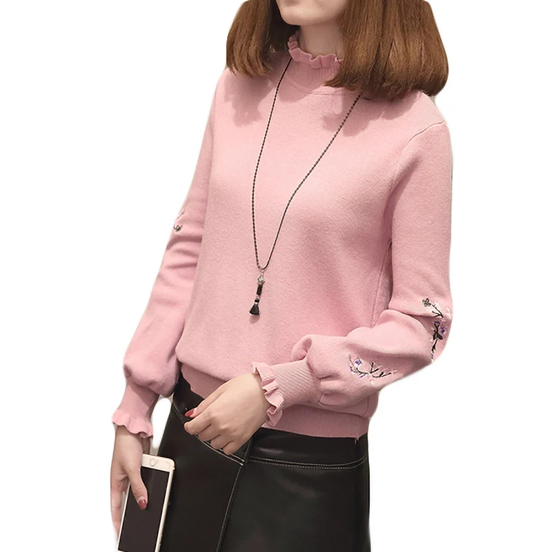 

Embroidery Autumn Winter Sweater Women 2018 Knit High Elastic Jumper Women Sweaters Pullovers Female Black Pink Tops Pull Femme