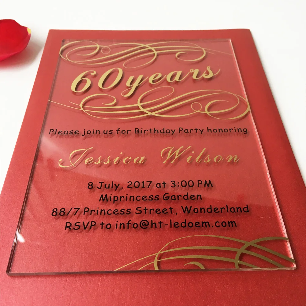  Customized 100pcs per lot 5x7inch Clear acrylic 60th birthday invitation card - 32797756667