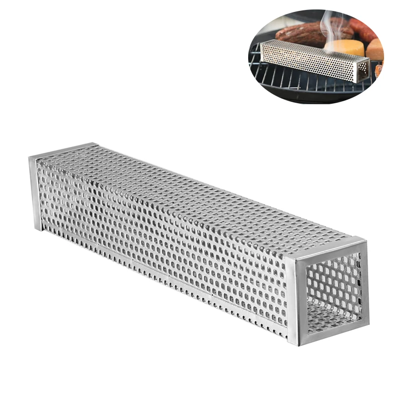 

BBQ Stainless Steel Smoking Accessories Cube Pellet Roasting Box Camping Mesh Smoker Tube Box Cooking Utensil
