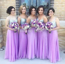 Lavender 2017 A-line Spaghetti Straps Chiffon Sequins Long Bridesmaid Dresses Cheap Under 50 Wedding Party Dresses