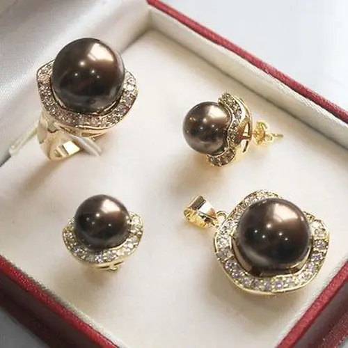 

07679 brown South sea Shell Pearl Earrings Necklace Ring jewelry set