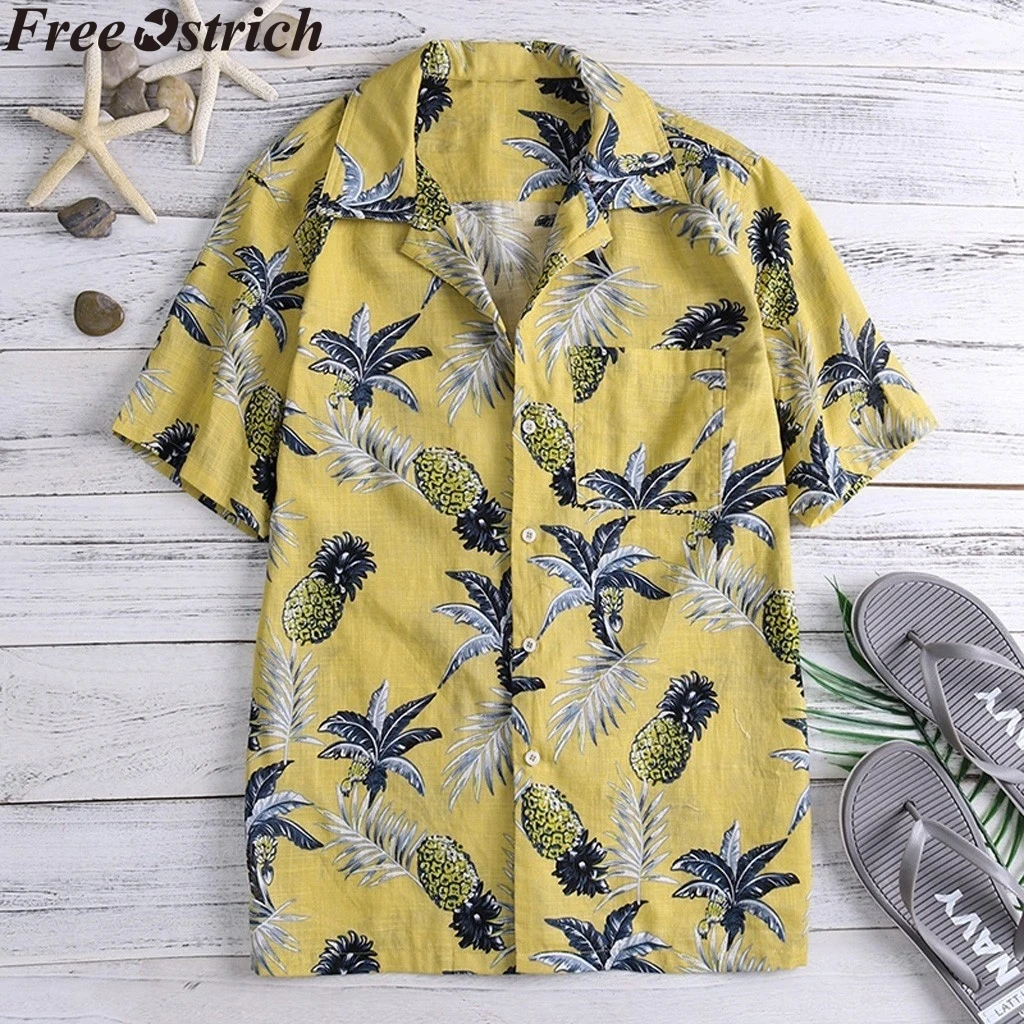 

Summer Men's Cotton Loose Shirt Short Sleeve Beach Hawaii Vacation Print Casual Tops Lapel with Size Soft Men Fashion Shirt