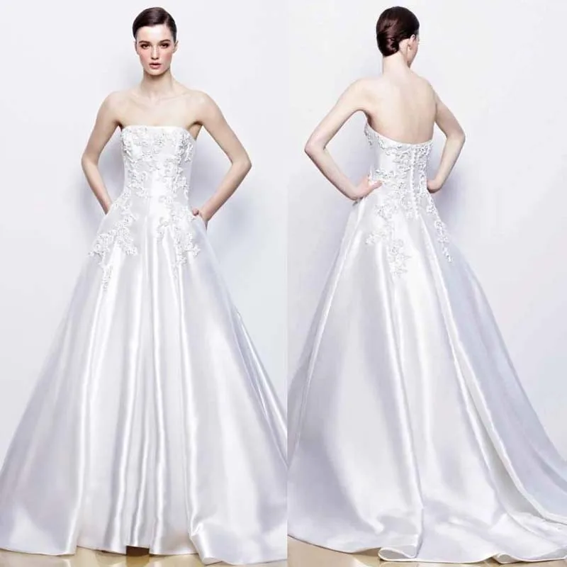6 New Arrival 2015 Long White Taffeta Evening Dresses Appliques A-Line Strapless Elegant Gowns Floor Length Hot | Свадьбы и