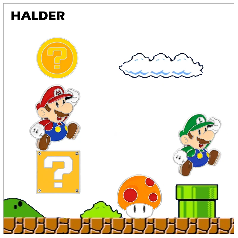 

HALDER Game Super Mario Bros Luigi Mushroom question mark Metal Enamel Brooches Lapel Clothes backpack bags Denim badge Pins