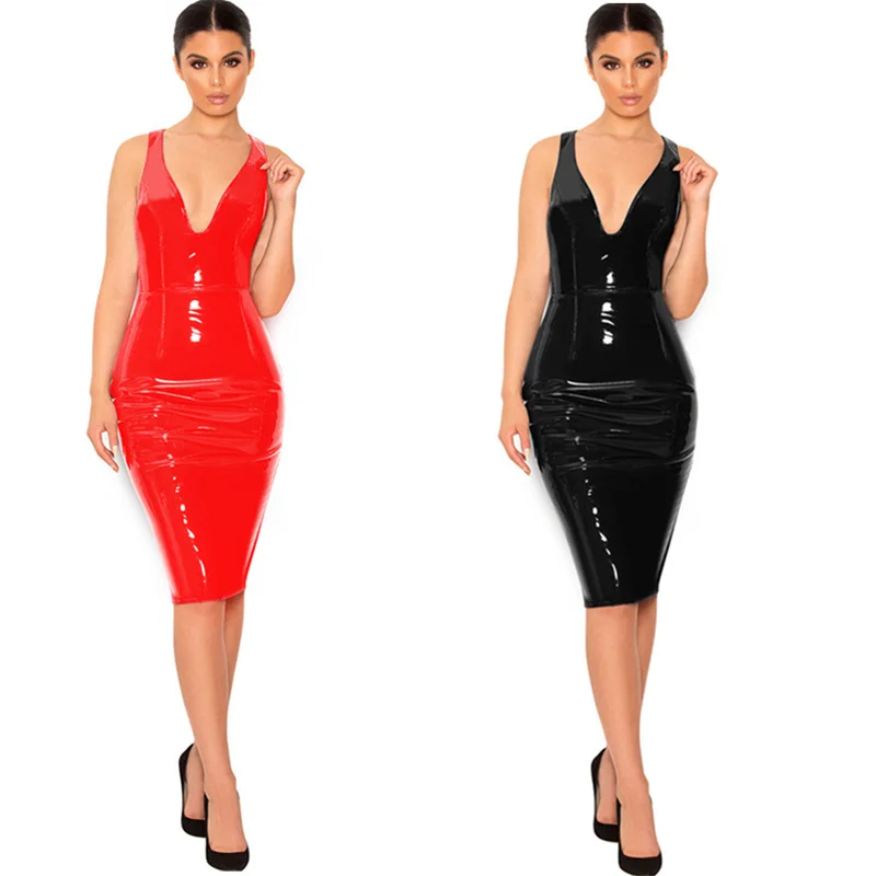 Красные, черные облегающие платья из искусственной кожи размера плюс, женские осенние зимние сексуальные платья до колена с глубоким v-образным вырезом, 6XL, женские Клубные платья