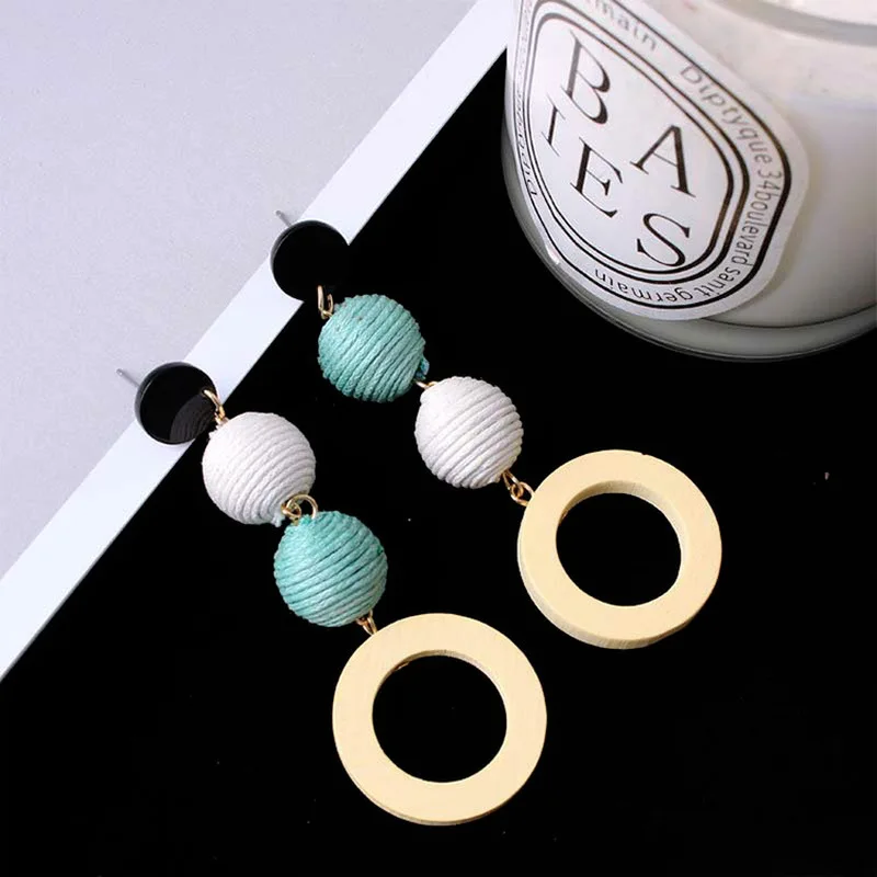 

Fashion Wood Woven Hemp Rope Earrings for Women Candy Colors Vintage Round Ball Long Earrings New Statement Party Jewelry Gift