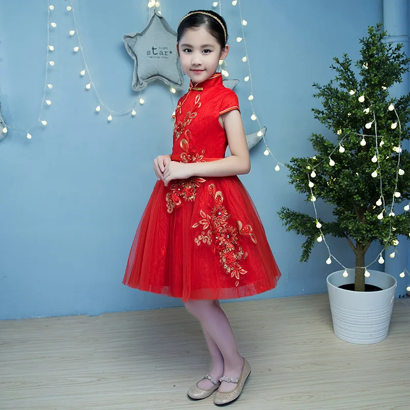 Кружевное платье принцессы для девочек китайское традиционное Ципао детское детский сад красные цветы Qipao новогодние платья для вечеринок