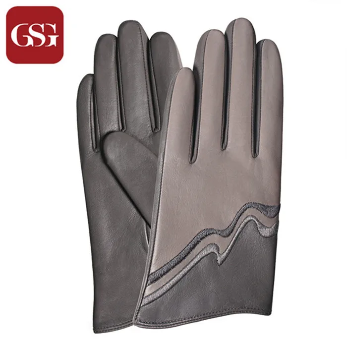 GSG женские кожаные перчатки с сенсорным экраном, варежки, двухцветные, в полоску, пэчворк, модные, ручная работа, зимние, теплые, с подкладкой, перчатки для вождения - Цвет: Light Grey