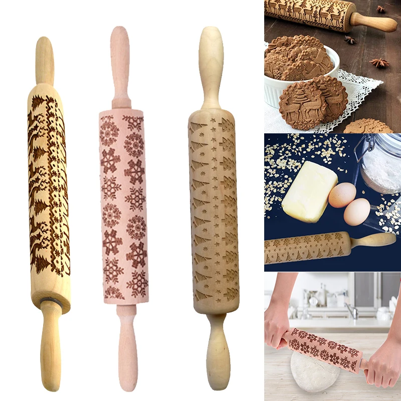 

Christmas Embossing Rolling Pin Baking Cookies Biscuit Fondant Cake Dough Engraved Roller Reindeer Snowflake Rolling Pin
