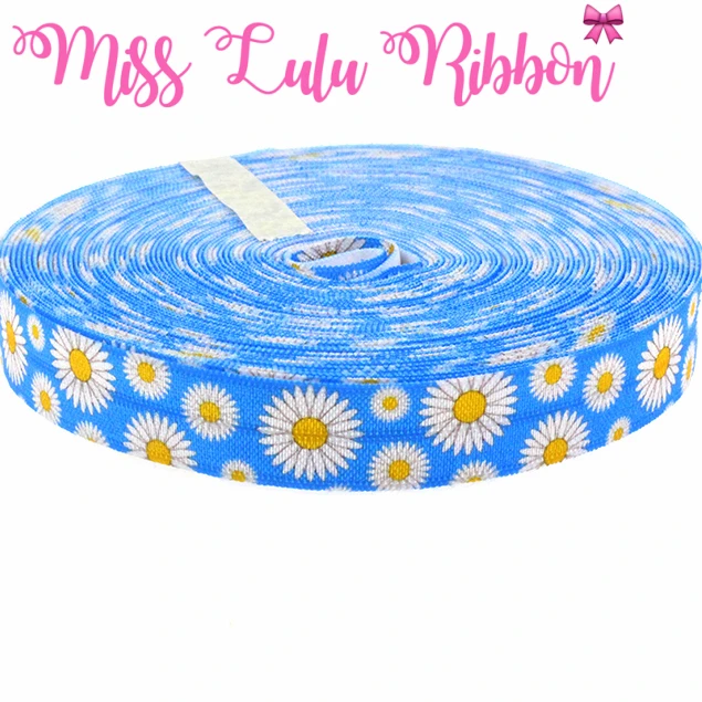 

5/8"16mm Daisy Flower Printed Fold Over Elastic Ribbon and Bows DIY Handmade Hair Ties Gift Wrap 10 yards MD1501028-22-2597