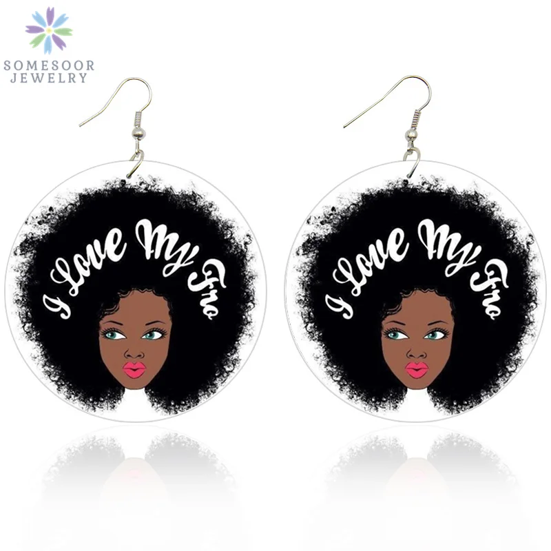 

SOMESOOR African Cruly Natural Hair Wood Drop Earrings I Love My AFRO Custom Both Sides Printing Dangle Jewelry For Women Gifts