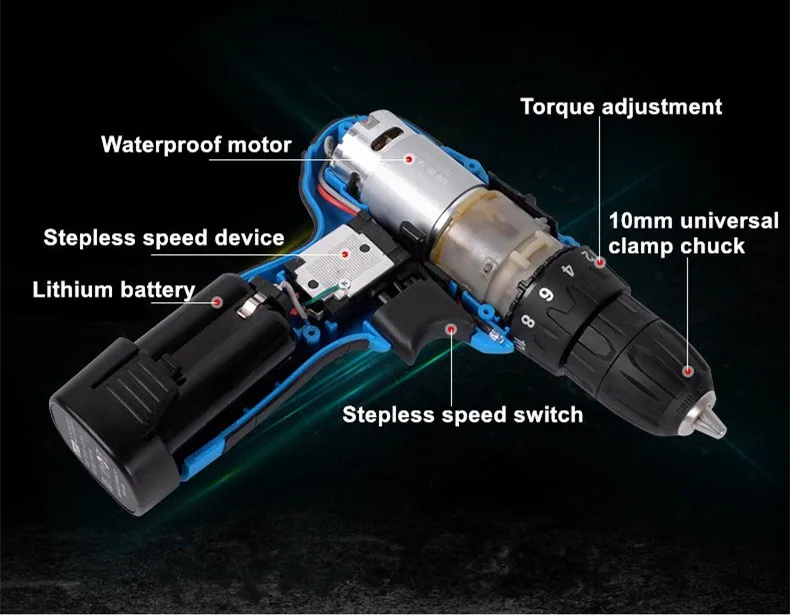 16,8 в Регулируемая скорость бытовой беспроводной электродрель прецизионный ручной электрический шуруповерт пистолет Тиум-ионная батарея* 2 электроинструмент