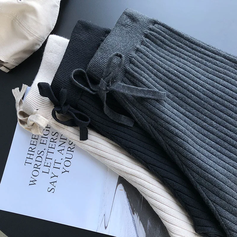 

2018 Fall Thick Knitted Wide Leg Pants Women Solid Elastic Casual Loose Trousers Femme Autumn Basic Knitted Pant