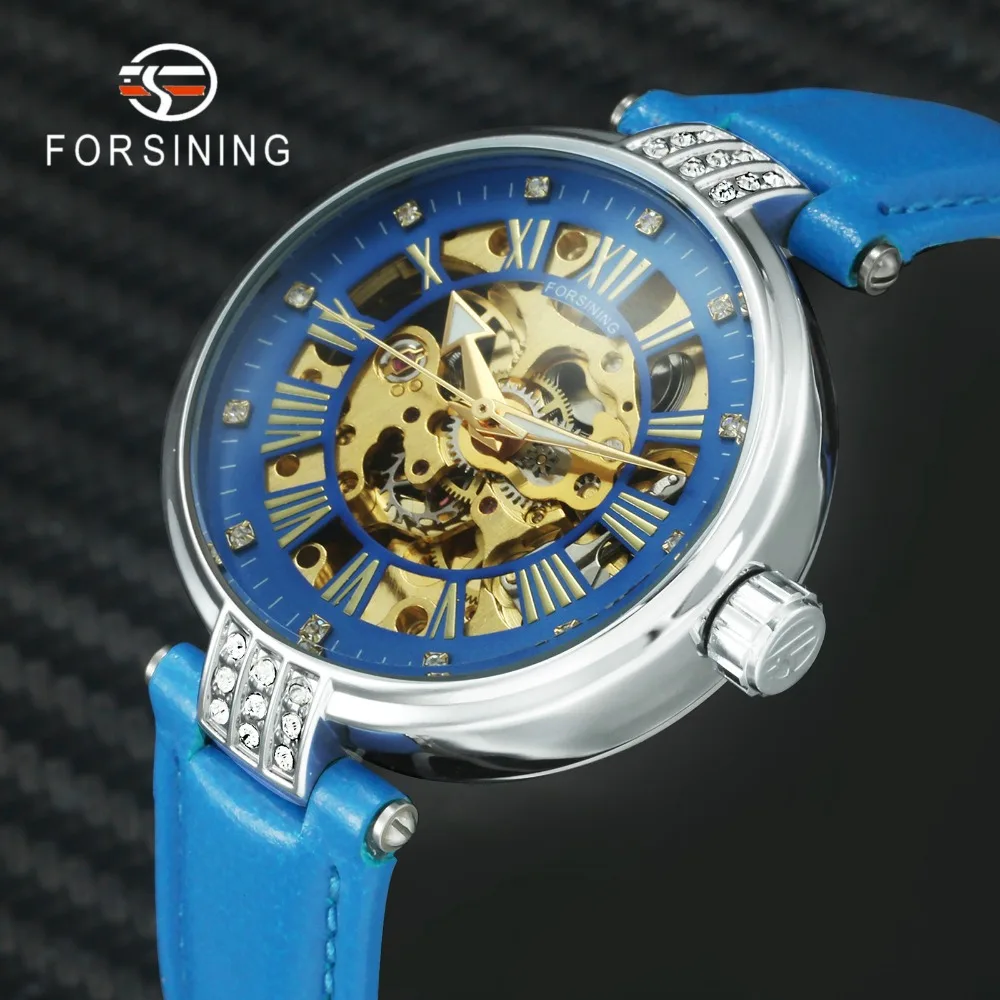

FORSINING Fashion Casual Automatic Mechanical Women Watch Blue Leather Strap Skeleton Watches Creative Design Ladies Wristwatch