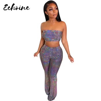 

Echoine Summer Strapless Off Shoulder Craft Cloth Bling Bling Crop Top Long Wide Leg Pants NightclubTwo Piece Set for Women