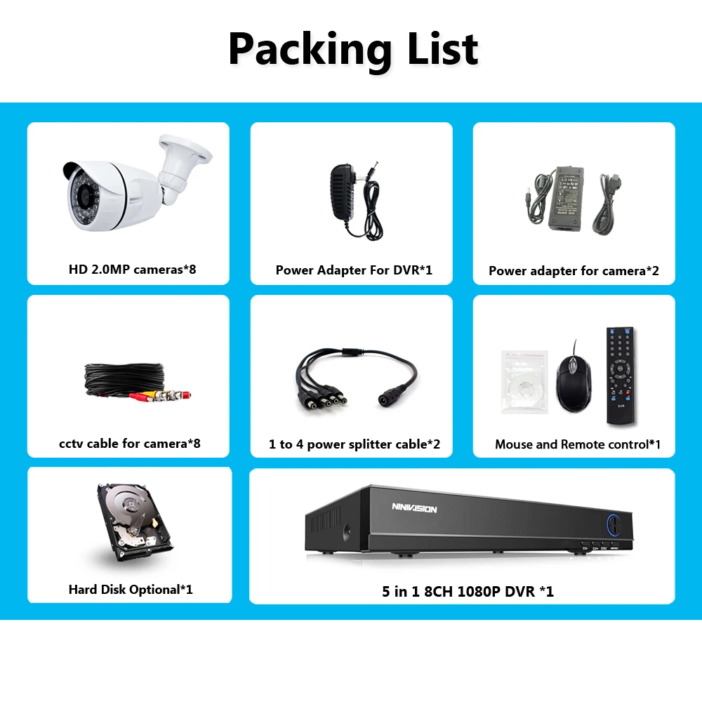 Cheap Full HD 1080P 3000TVL CCTV security system 8CH 1080P AHD DVR kit 8*2mp Outdoor video surveillance security camera kit WIFI DVR 1