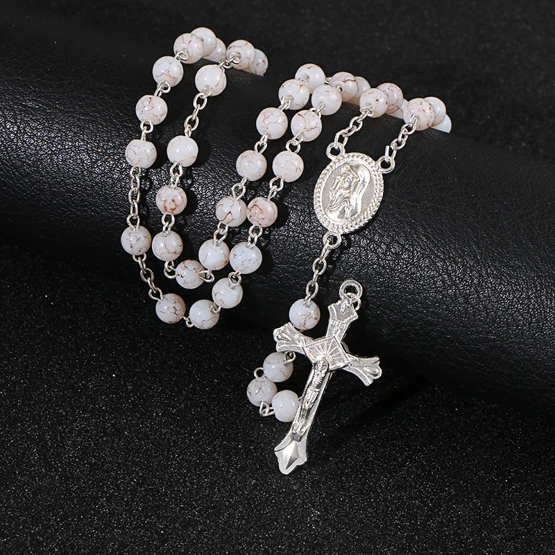 

KOMi White Rosary Beads Cross Pendant Long Necklace For Women Men Catholic Christ Religious Jesus Jewelry Gift R-232