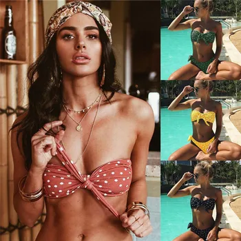 

Ladies Summer Sexy Strap Halter Swimming Sets Women Push-up Padded Bow Knot Swimwear Dot Wave Bra Bikini Set Triangle Bathing