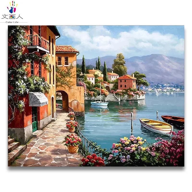 

Small towns building Seaside landscape picture diy painting by numbers with kits canvas drawing for coloring by numbers framed