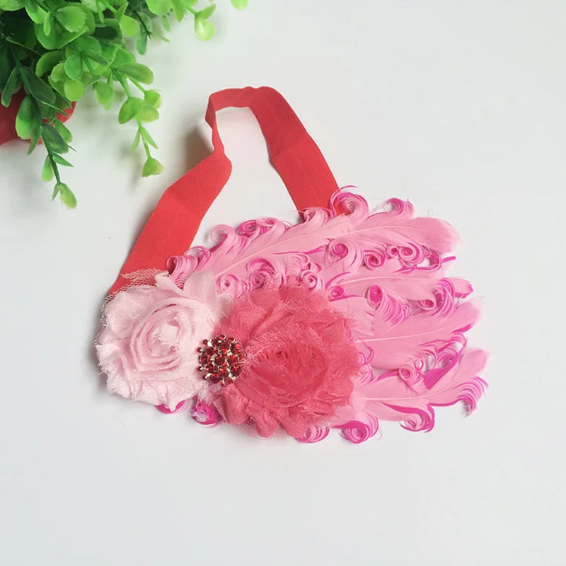 Lovely Feather Elastic Headband Turban For Kids Flower Bow Hair Band Girls Hair Accessories Headwear Photography Props - Цвет: pink rose