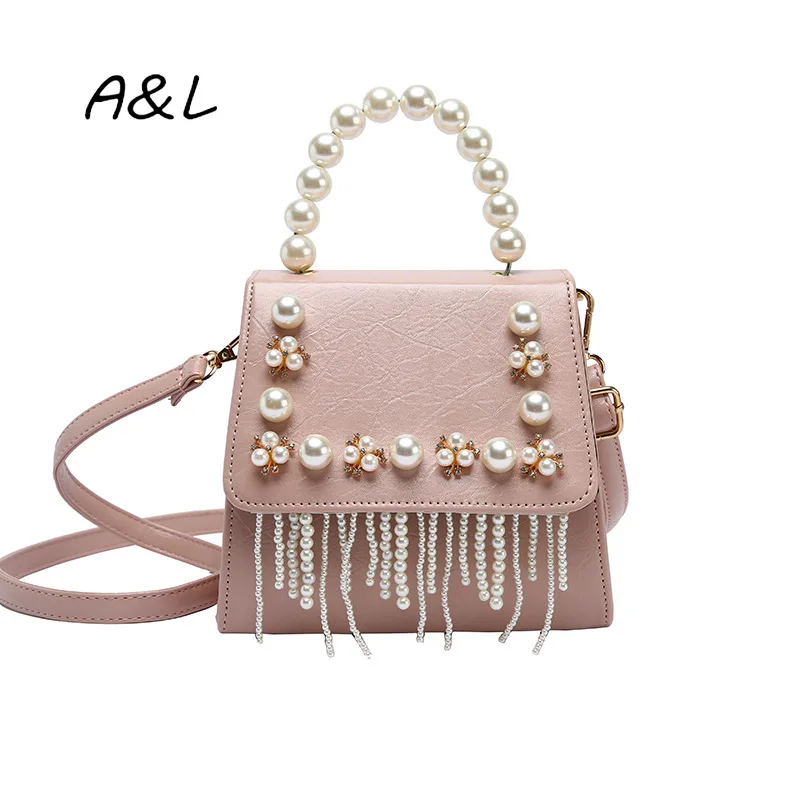 

New style of small bag lady 2019 fresh and foreign style one-shoulder bag fringed pearl oblique small square bag fashionableY089