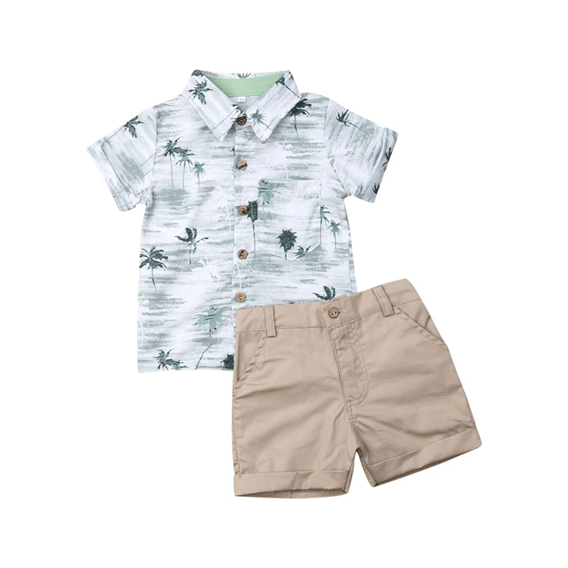 

2019 Toddler Kids Baby Boys Clothes Set Beach Trees Gentleman Short Sleeve Tops Shirt Shorts Pants Outfits Suit Clothing 2PCS