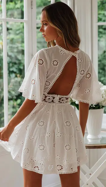 Flare Sleeve Cotton White Lace Dress Women Casual Ladies Dress