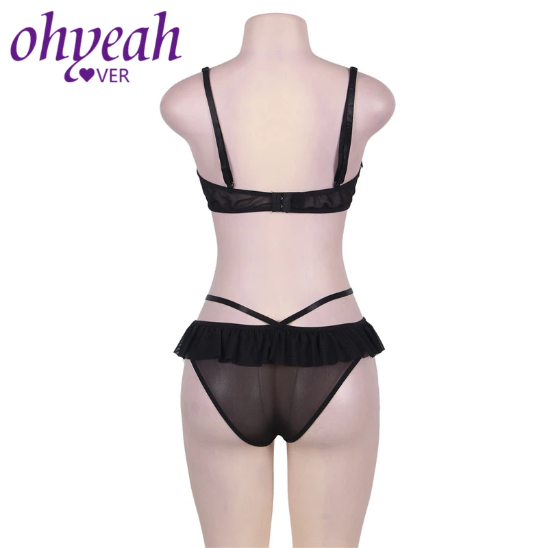 Женское нижнее белье Ohyeahlover черное с открытой промежностью и рюшами RM80405|bra and panty