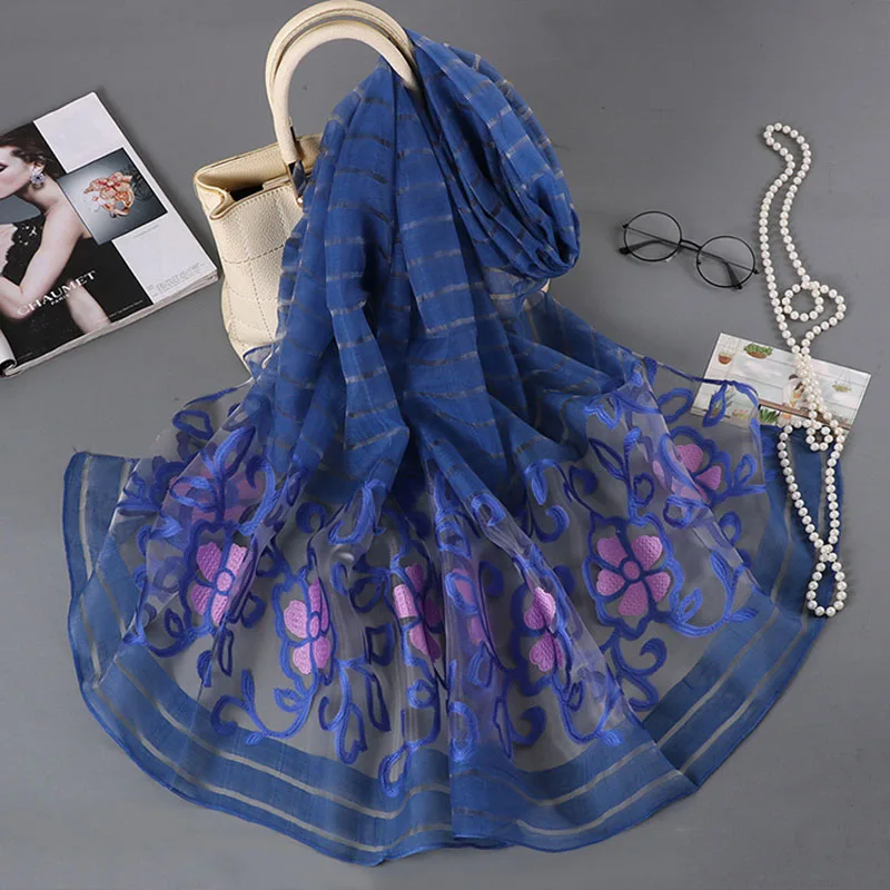 

[Lakyilk]Organza Silk Scarf Women Floral Embroidery Shawl Foulard Hijab Smooth Scarves Ladies Summer Hollow Long Head Scarf Wrap