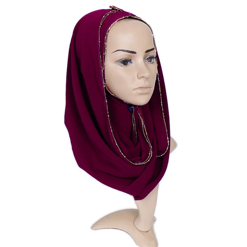 10 шт/партия сплошной хиджаб шарф для женщин мусульманские шифоновые шарфы блестящая цепочка края Обертывания Длинные шали Макси модный
