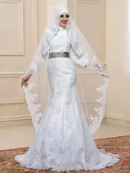 Customs made Мусульманские Свадебные Платья 2016 длинные рукава аппликация кружева бисером русалка люкс жениться Платье свадьба
